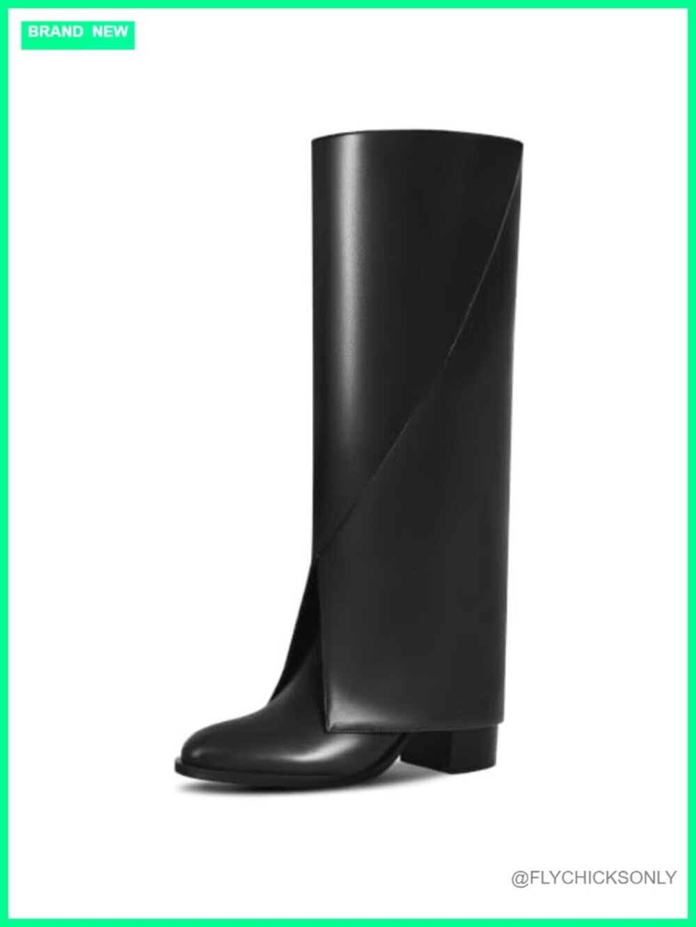 Faux Leather Knee High Fold Over Boots Block Heel Pointed Toe